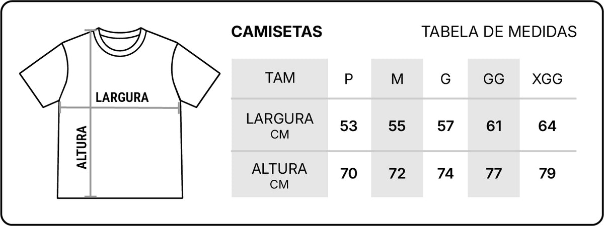 Tabela de medidas de camisetas masculinas